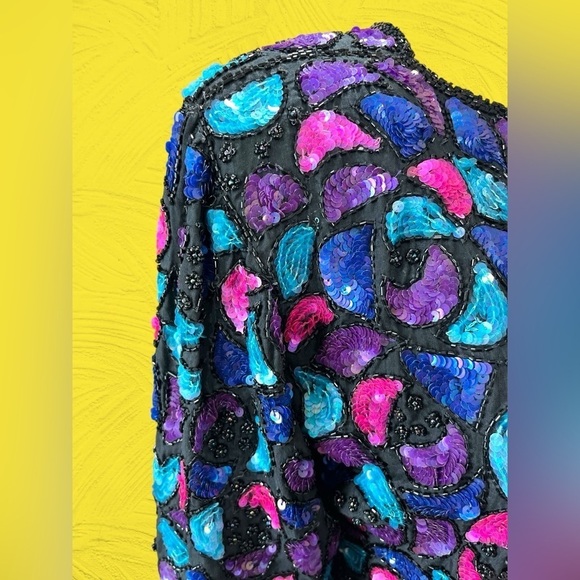 VTG Jean for Joseph Le Bon Sequin Jacket Sz LG Multicolor shapes 100% Silk Pads - Picture 8 of 9